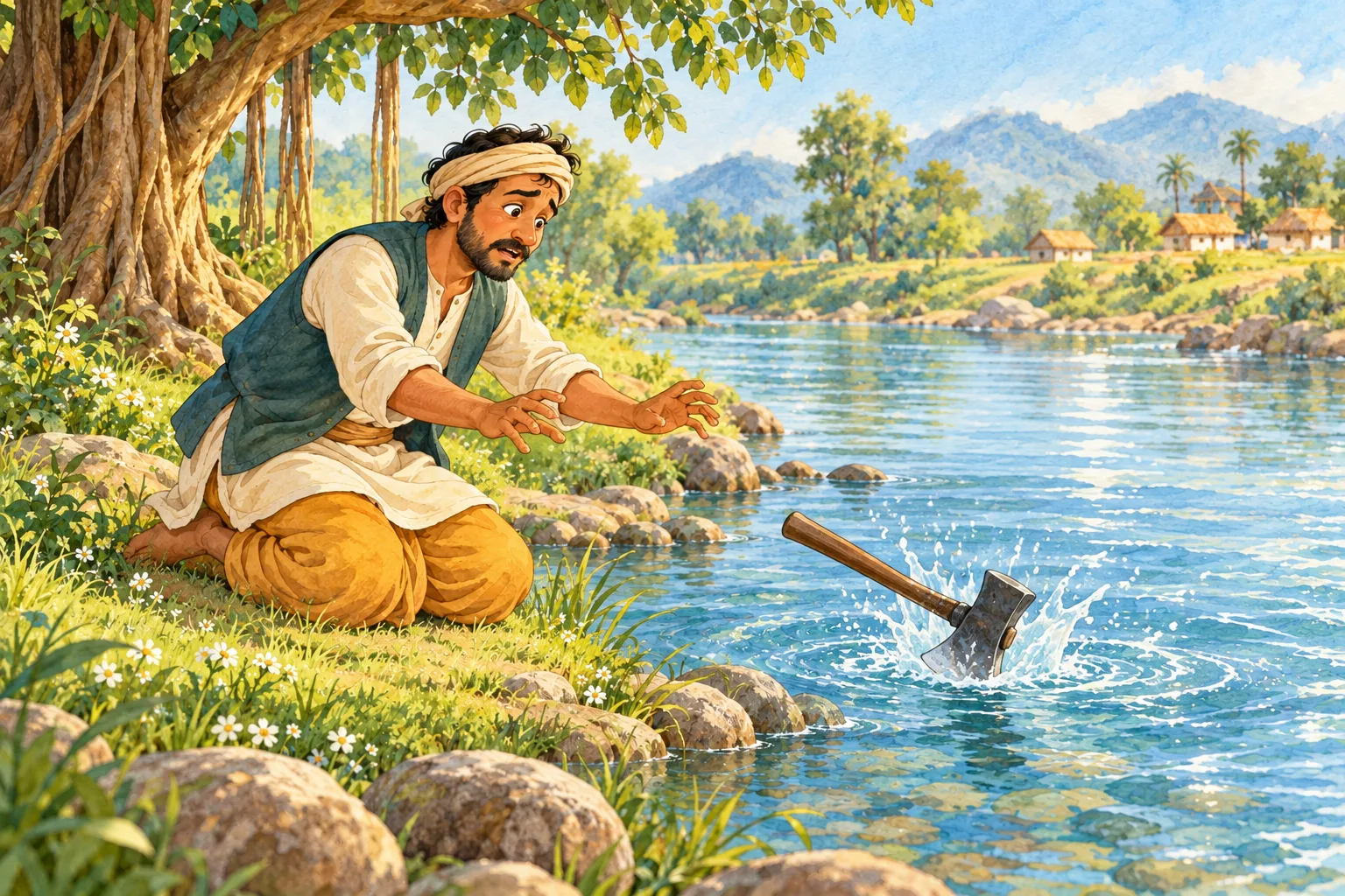 An iron axe splashes into the river while the woodcutter stays on the bank.